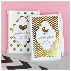 Personalized Metallic Foil Notebook Baby Shower Favors in Gold, Rose Gold or Silver
